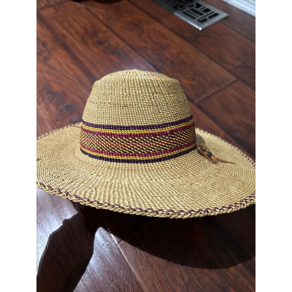 Vintage Handmade Woven Straw Wide Brim Hat with Leather Tie – Natural Raffia - Picture 3 of 3